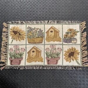 Vintage Tapestry Accent Rug‎ Sunflowers Birdhouses Garden Grid Fringed Mat 21x36